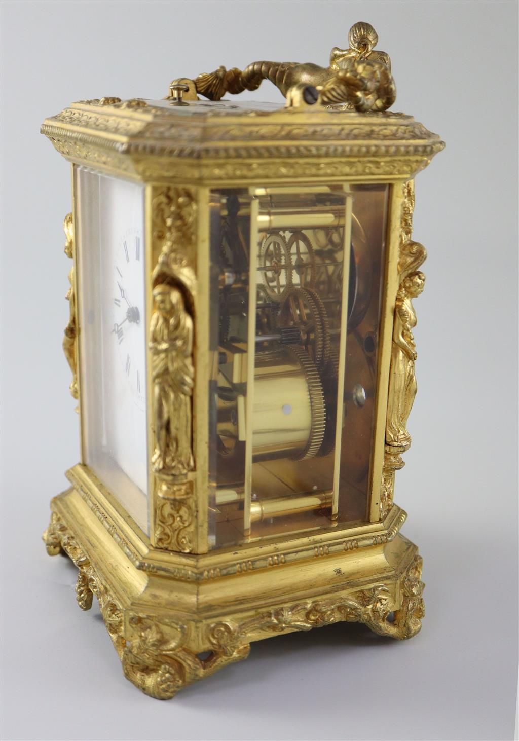 Jules of Paris. A 19th century French ormolu hour repeating carriage clock, width 4.75in. height 7in.